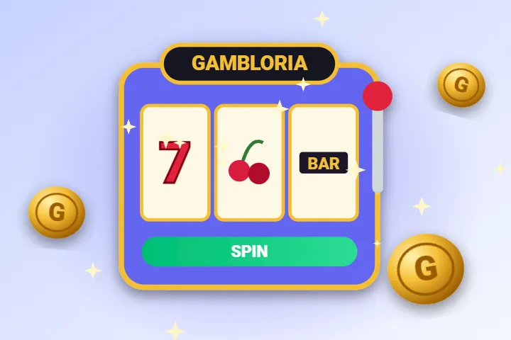 Casino Gambloria – ilustracja automatu Gambloria z bębnami 7, wiśnie i BAR oraz złotymi monetami